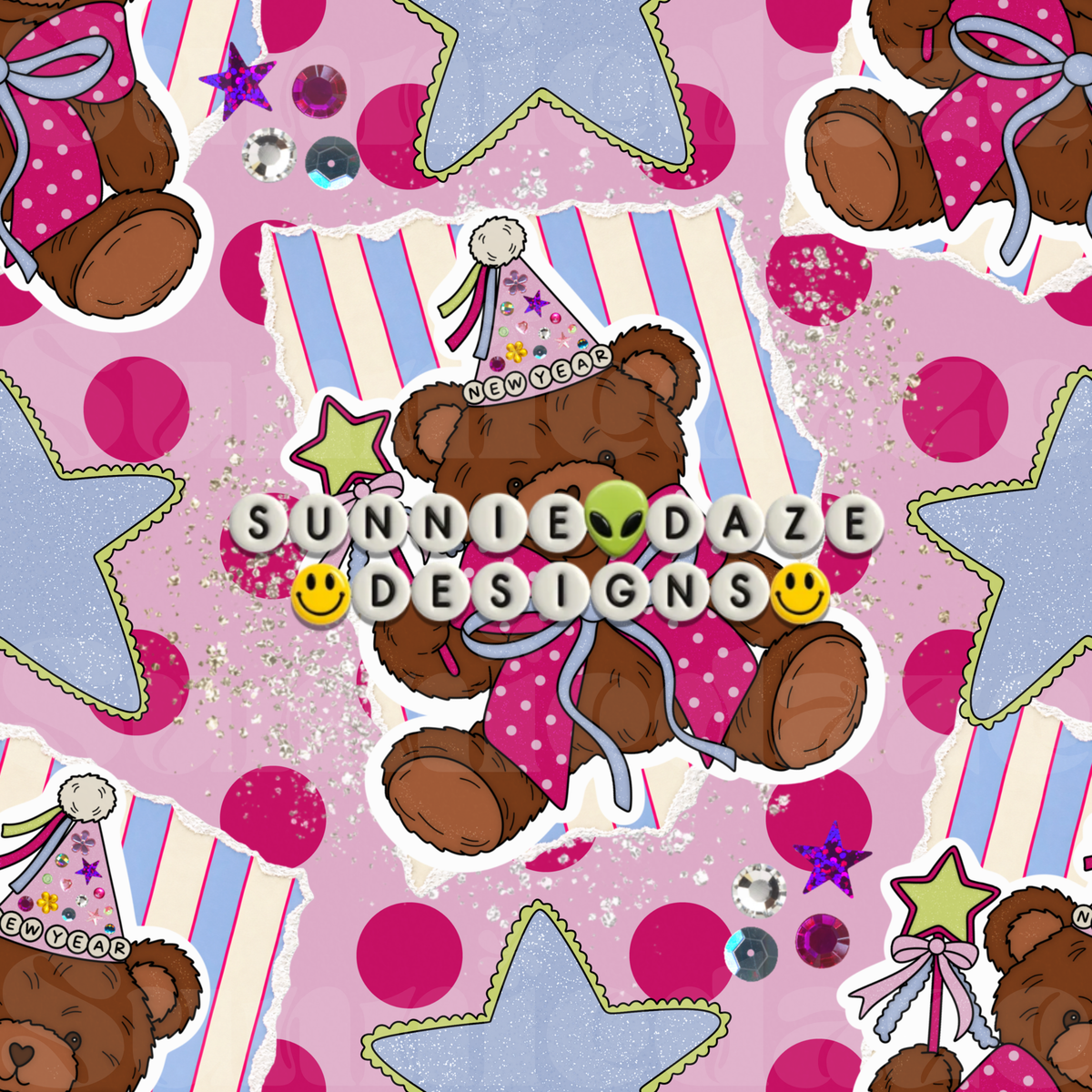 Whimsy new years bear polka dot